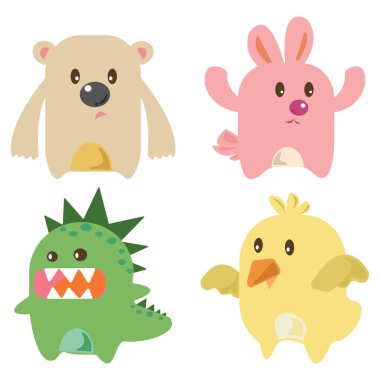 Ayı, tavşan, civciv ve dinozor çizgi film çizimleri de dahil olmak üzere bir grup sevimli hayvan canavarı..