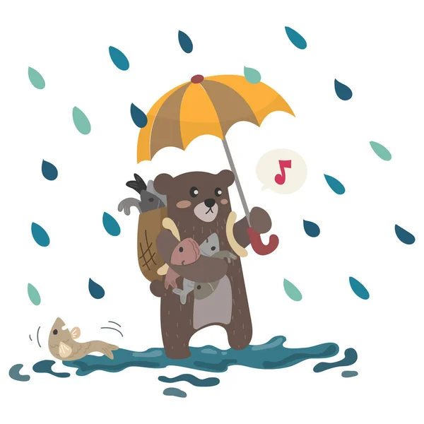 Cute Bear Vector Cartoon Fish Umbrella Rain Fisherman Bear Rain — Stock Vector