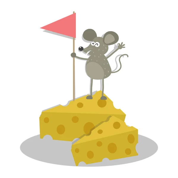 Topo Piedi Dei Formaggi Con Una Bandiera Mouse Formaggi Cartone — Vettoriale Stock