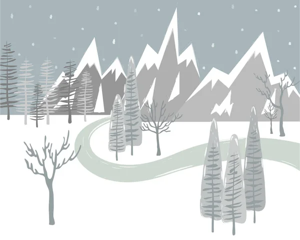 Kış kar yağışlı manzara vektör çizimi. Kış manzarasında ıssız bir yol. Kış arkaplanı ve duvar kağıdı. 