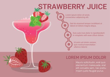 Çilek suyu bilgisi vektör illüstrasyonu. Meyve suyu bilgi grafikleri. Meyve suyu bilgisinin içeriği ve faydaları. 