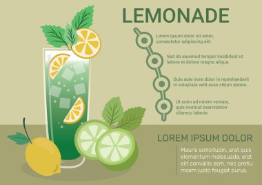 Limonata bilgi grafiksel vektör çizimi. Meyve suyu bilgi grafikleri. Meyve suyu bilgisinin içeriği ve faydaları. 