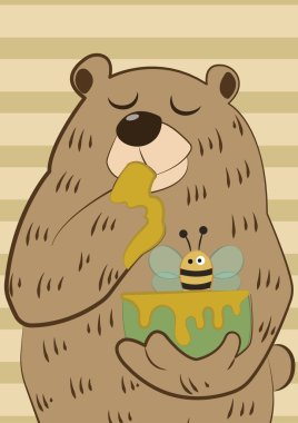 Bal vektörü çizgi film çizimi yiyen bir ayı. Şirin, şişman bir ayı çizgi filmi. Çizgili arka planda bir oyuncak ayı.