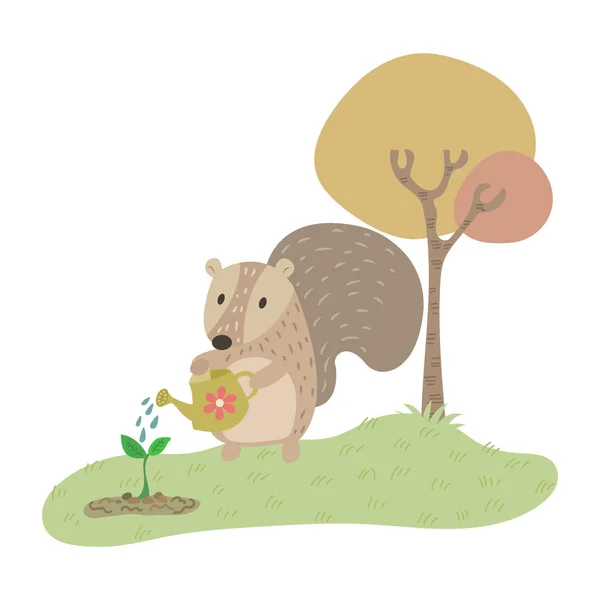 松鼠长出了一个树矢量图解漫画 可爱的松鼠面团卡通片 松鼠在浇水一棵小树 — 图库矢量图片