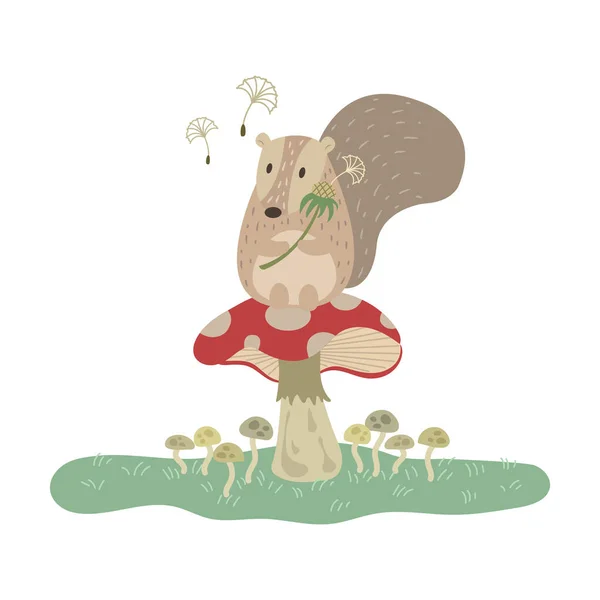 Esquilo Sentado Desenho Animado Ilustração Vetor Cogumelo Desenhos Animados Bonito — Vetor de Stock