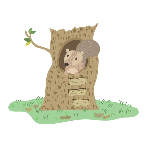 Écureuil Dans Dessin Animé Vectoriel Trou Arbre Mignon Dessin Animé — Image vectorielle