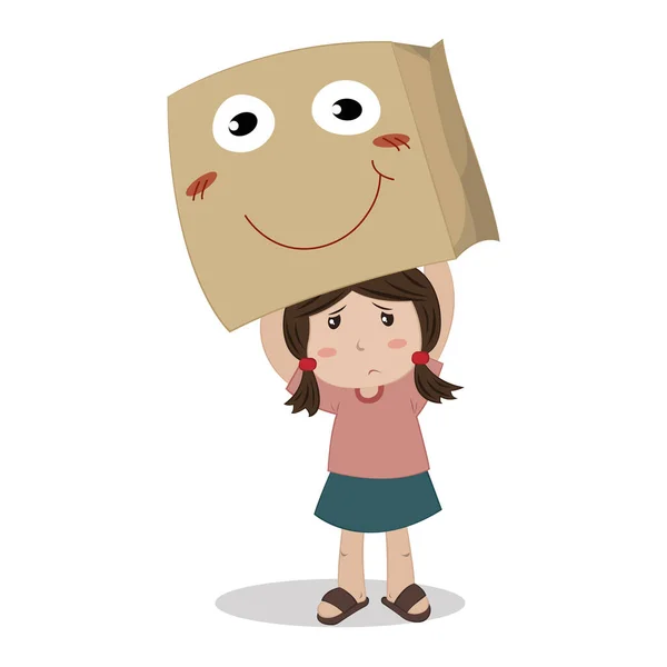 Ein Trauriges Mädchen Mit Fröhlichen Papiertüten Maske Vektor Illustration Cartoon — Stockvektor