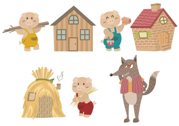 Üç Küçük Domuz. Peri masalı çizimi. Masal ve kitap için çizgi film vektörü. Beyaz arka planda izole edilmiş üç küçük domuz ve büyük kötü kurt karakterler..