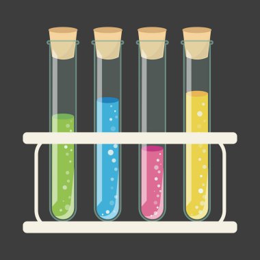 Test tüpleri laboratuvar cam bardakları ve tutacağı. Renkli sıvı vektör illüstrasyonlu test tüpleri. Durduruculu ve tutuculu test tüpleri. 