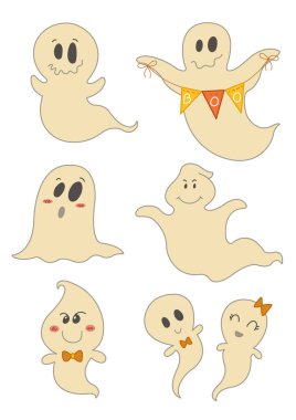 Cadılar Bayramı hayaletleri vektör çizimi. Şirin hayalet çizgi filmi. Cadılar Bayramı dekorasyonu için hayaletler beyaz arkaplanda izole edilmiş.. 