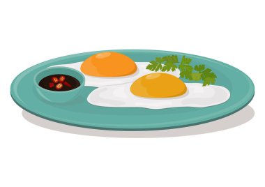 Asya usulü sahanda yumurta, soya sosu, acı biber ve kişniş. Tayland usulü sahanda yumurta. Kızarmış yumurta menü vektör çizimi. Tayland yemeği.. 
