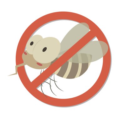 Beyaz arka planda sivrisinek uyarısı yasak. Sivrisineklerle mücadele işareti. Böcek kontrol vektör sembolü. Dur ve sivrisinekleri kontrol et. Anti böcek vektör illüstrasyonu.