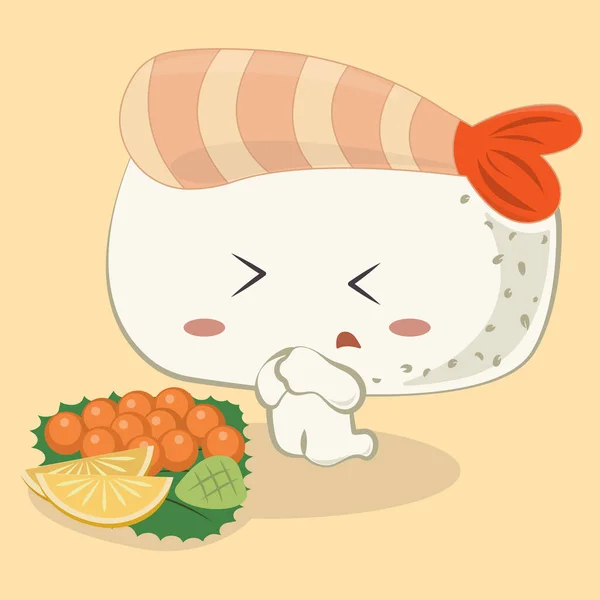 虾Ebi Nigiri Sushi矢量卡通画 日本食品病媒漫画 可爱的寿司怪物 — 图库矢量图片