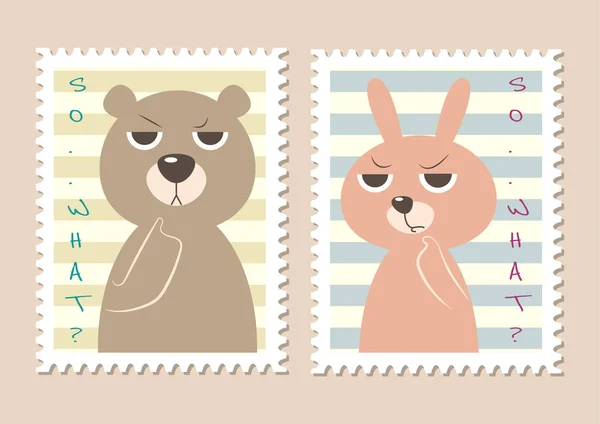 Cutie Briefmarken Bär Und Hase Cartoon Vektor Illustration Niedliche Pastellstempel — Stockvektor