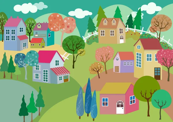 Schöne Landschaft Landschaft Vektorillustration Pastell Landschaft Vektor Cartoon Bunte Häuser — Stockvektor
