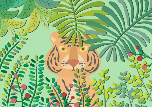 Tiger Guckt Durch Blätter Vektor Illustration Tiger Versteckt Sich Hinter — Stockvektor