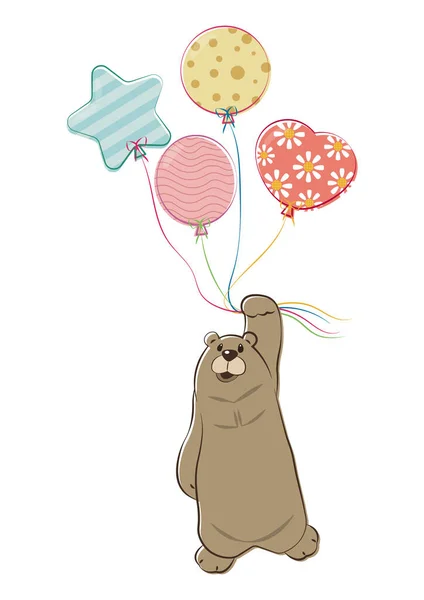 一只熊挂在上面 上面挂着白色背景上孤立的气球矢量图解 一只可爱的熊与气球矢量漫画 棕榈熊卡通病媒 — 图库矢量图片