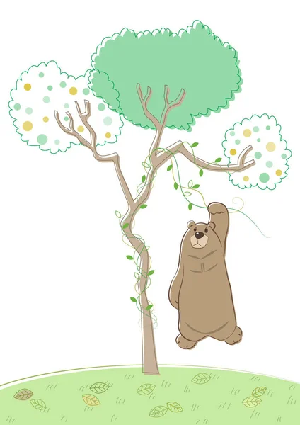 Bear Grabs Woody Vines Hanging Tree Vector Cartoon Cute Pastel — Stock Vector