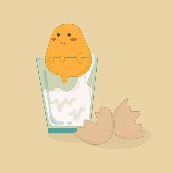 可爱的蛋黄从玻璃中漏出 蛋黄矢量卡通画 食物菜单矢量卡通片 裂开的蛋壳 — 图库矢量图片