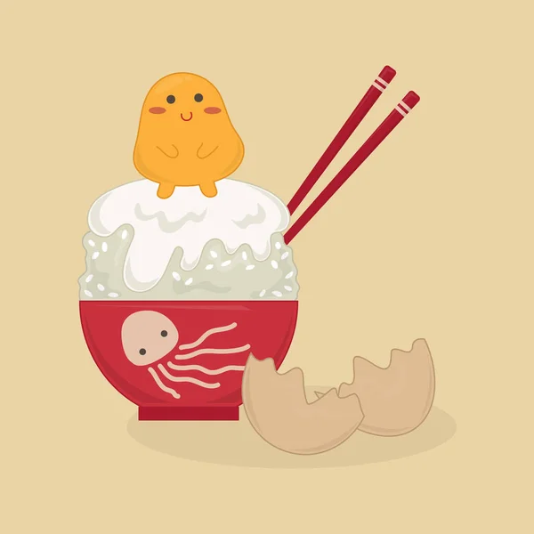 用筷子把蛋黄放在饭杯上 蛋黄矢量卡通画 食物菜单矢量卡通片 裂开的蛋壳 — 图库矢量图片