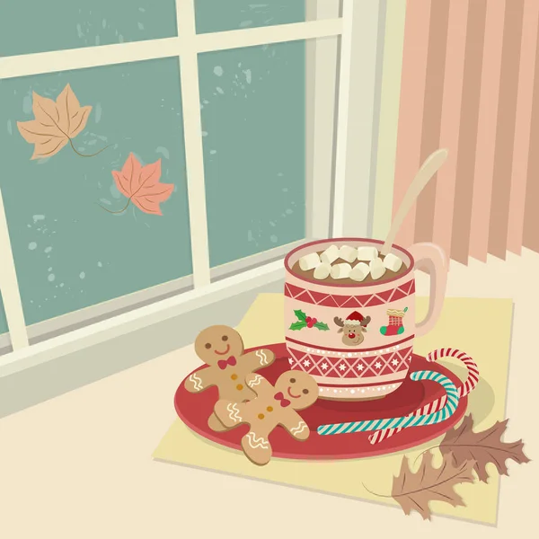 Chocolate Caliente Con Malvaviscos Una Taza Linda Pastel Navidad Dibujos — Archivo Imágenes Vectoriales