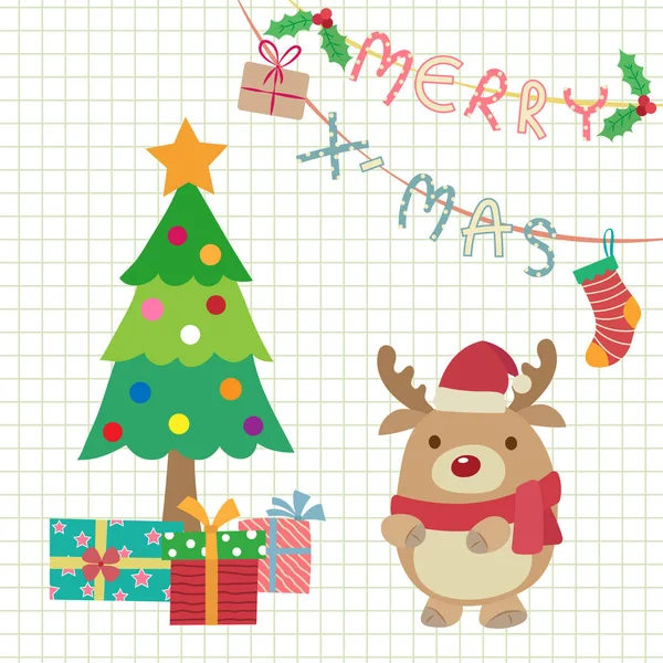 Navidad Pastel Tarjeta Felicitación Vector Dibujos Animados Lindo Reno Árbol — Vector de stock