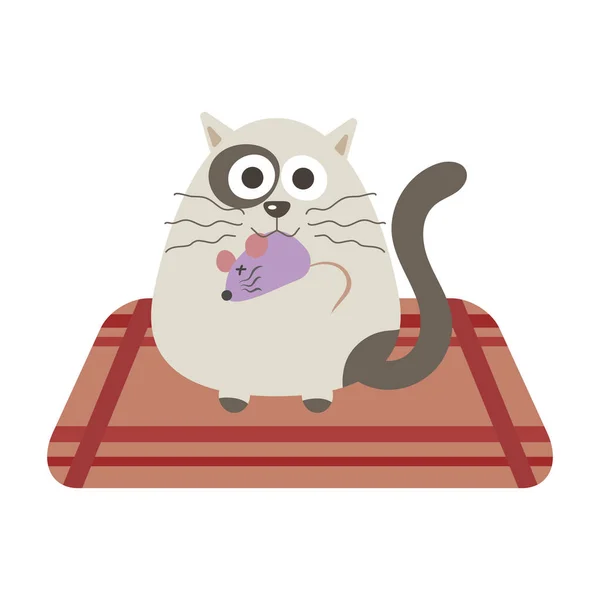 Vector Illustratie Van Schattige Kat Met Muis Prooi Mond Het — Stockvector