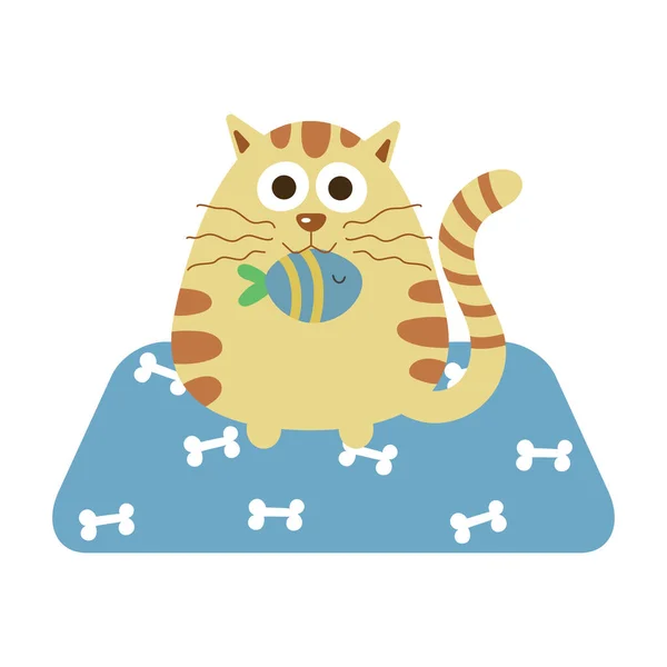 Illustrazione Vettoriale Simpatico Gatto Con Preda Pesce Bocca Sul Tappeto — Vettoriale Stock