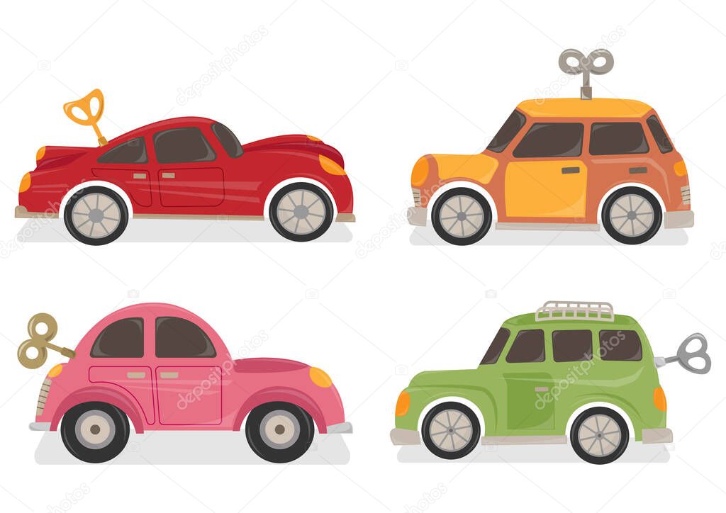 Set of wind up car toys vector illustration. Toy cars vector cartoon. Cars with winding key. 
