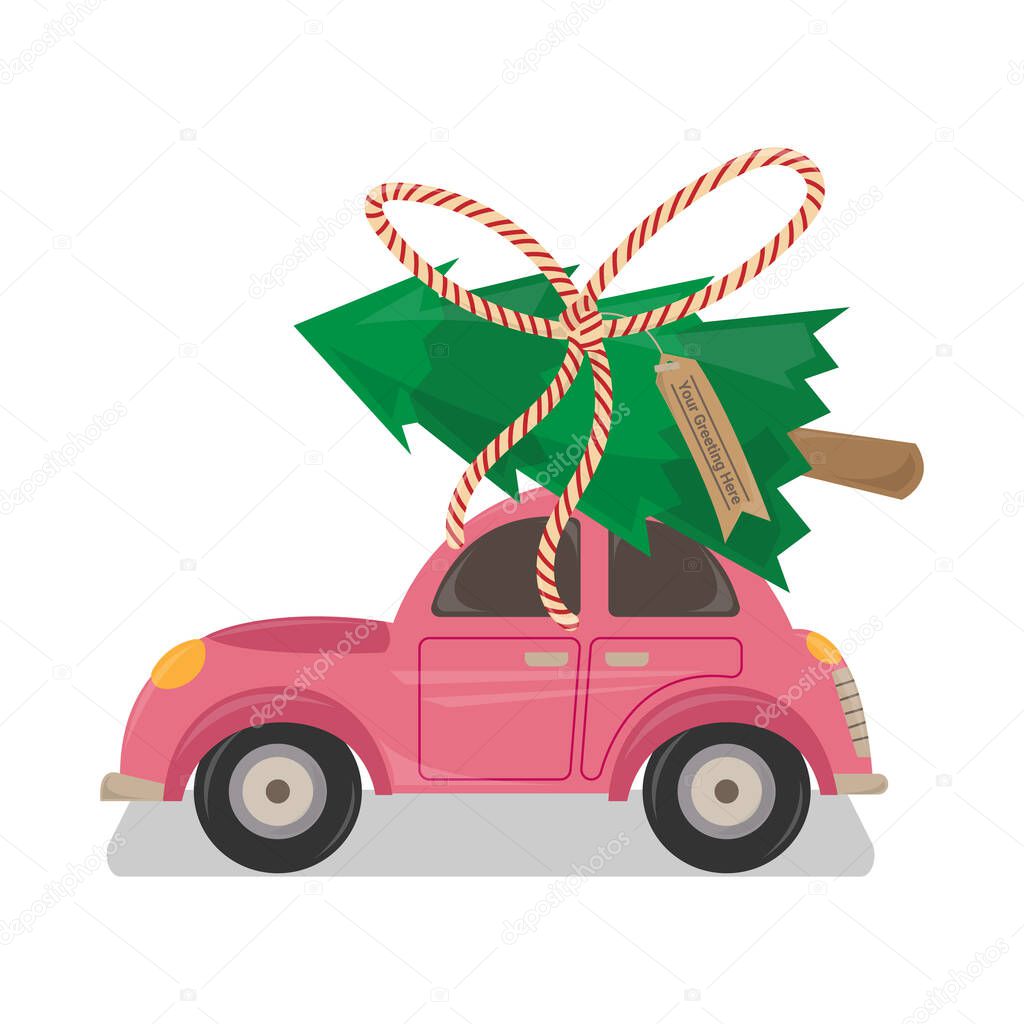 The car with christmas tree on top vector illustration. Car with christmas tree and greeting tag vector cartoon. Christmas car toys isolated on white background. 