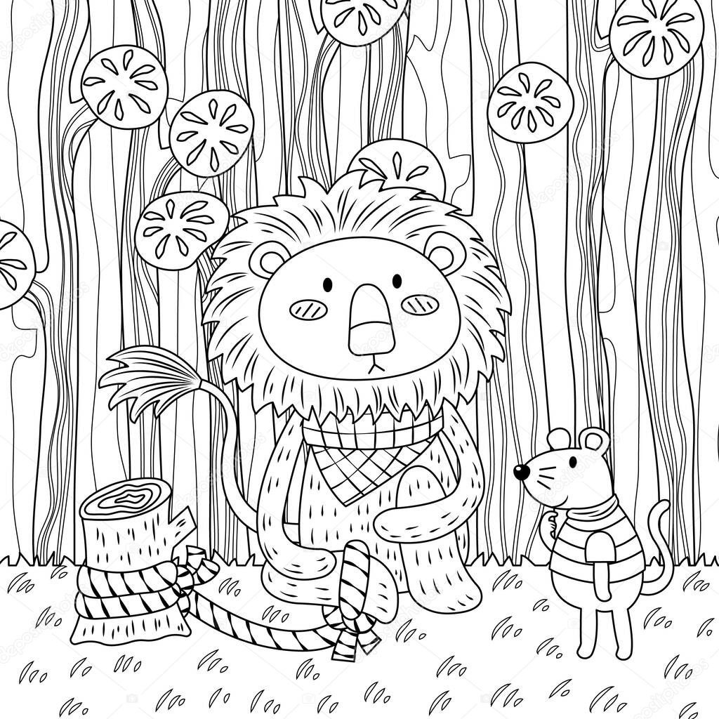 Vector illustration of the lion and the mouse in forest sketch style, coloring book