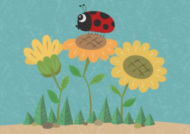 Ayçiçeği ve uğurböceği vektör çizimi. Tatlı uğur böceği ve çiçek çizgi filmi. 