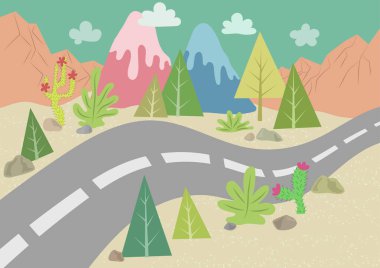 Çöl manzarası çiziminde yol. Pastel manzara vektörü. 