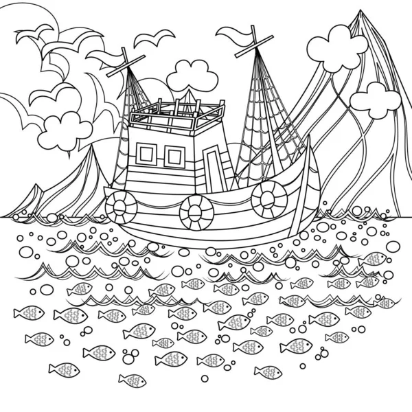 Bateau Pêche Flottant Dans Mer Avec Beaucoup Dessin Animé Vectoriel — Image vectorielle