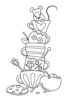 Elma ve kurabiye dolu kahve fincanlarında bir fare. Kahve fincanlarını küçük bir fare çizgi filmi çizimi eşliğinde istifledim. Boyama sayfası için sevimli renksiz çizgi film. 