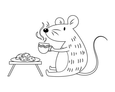 Bir fincan kahve içip kurabiye yiyen sevimli bir fare. Fare vektör çizimi karikatürü. Renklendirme sayfası için renksiz bir fare çizgi filmi.  