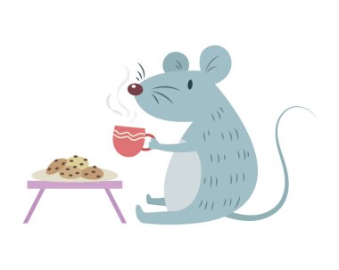 Bir fincan kahve içip kurabiye yiyen sevimli bir fare. Fare vektör çizimi karikatürü. Beyaz arkaplanda izole edilmiş bir fare pastel çizgi filmi. 