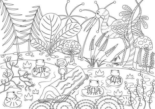 Kral vektör illüstrasyonunu isteyen kurbağalar. Ezop 'un masalları. Leylekler ve kurbağalar orman havuzunda. Peri masalı illüstrasyonu. Hikaye kitabı boyama sayfası. 