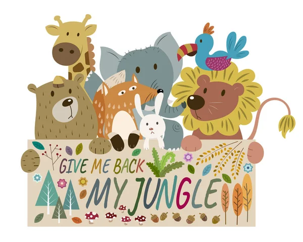 Group of wild animals holding banner. Cute wild animals vector illustration. Animals cartoon lion, bear, bird, giraffe, bunny, fox, and elephant.