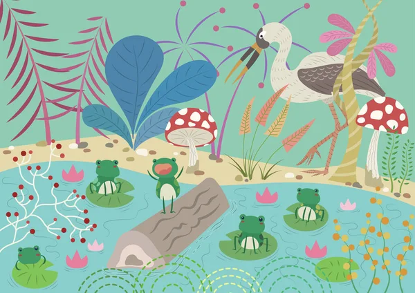 Kral vektör illüstrasyonunu isteyen kurbağalar. Ezop 'un masalları. Leylekler ve kurbağalar orman havuzunda. Peri masalı çizimi. 