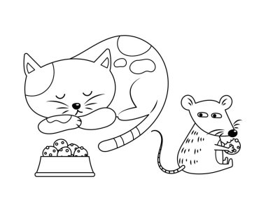 Kedi uyuyan vektör çizim karikatürü çizerken bir fare kedi maması çalıyor. Boyama kitabı için kedi ve fare renksiz çizgi film. 