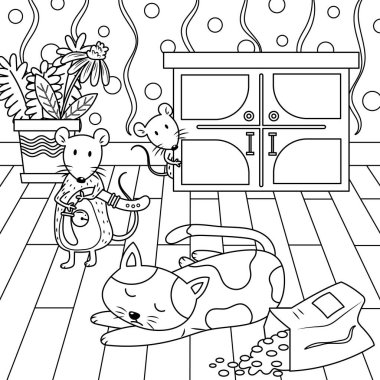 Kedi hikayesi illüstrasyonunu boyama kitabı için renksiz hale getirmek. Fare kedi çizgi filmini çalmaya çalışıyor. Fare ve kedi vektör karikatürü. 