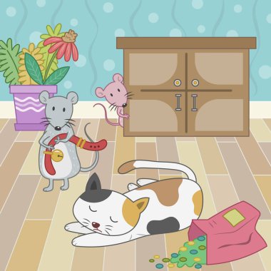 Kedi hikayesi vektör illüstrasyonu. Fare kedi çizgi filmini çalmaya çalışıyor. Fare ve kedi vektör karikatürü. 