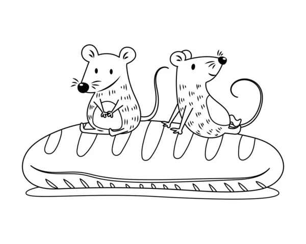 Ekmek vektörü çiziminde renksiz oturan iki küçük fare. Tatlı fare ana hatları çizgi filmi.