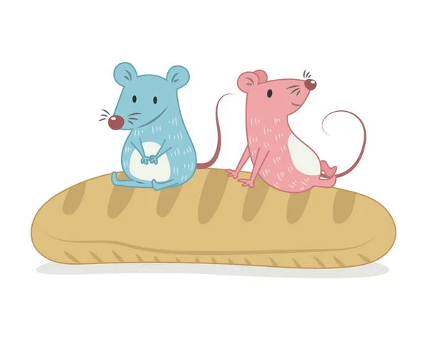 Dois Pequenos Ratos Sentados Desenhos Animados Ilustração Vetor Pão Isolado —  Vetores de Stock