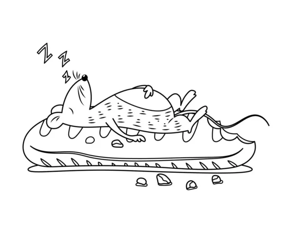 Ekmek vektörü illüstrasyonunda yatan bir fare. Renksiz ekmek üzerinde uyuyan bir fare boyama sayfası. 