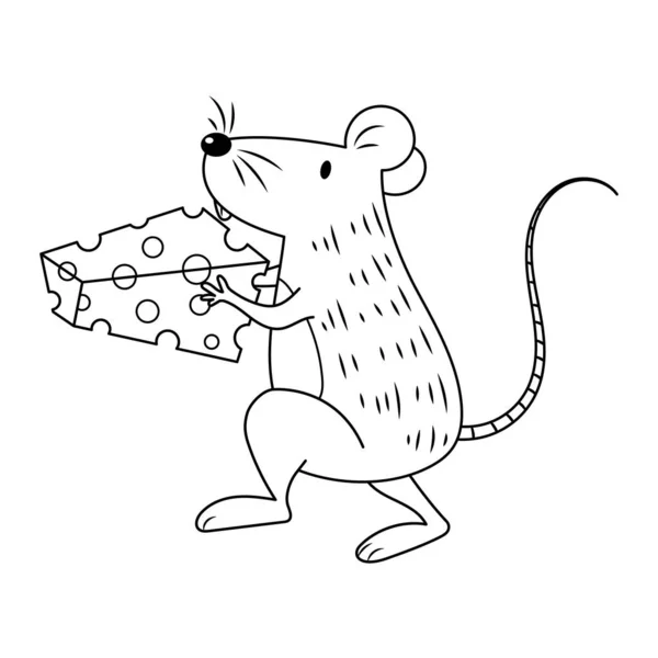 Mouse Possesso Formaggio Vettore Illustrazione Cartone Animato Incolore Libro Colorare — Vettoriale Stock