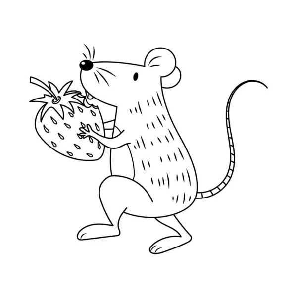 Mouse Che Tiene Fragola Vettore Illustrazione Cartone Animato Incolore Libro — Vettoriale Stock