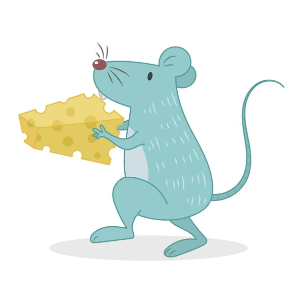 Myš Držící Sýr Vektorové Ilustrace Kreslené Izolované Bílém Pozadí Roztomilý — Stockový vektor