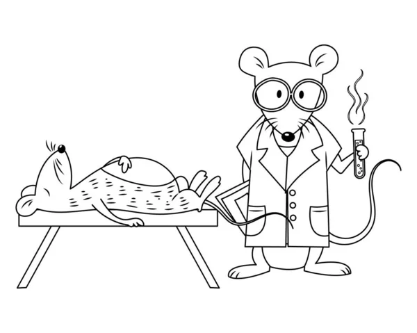 科学者のマウスと死んだマウスのベクターイラスト漫画 科学者のマウスは死んだマウスを復活させる ぬり絵のために無色のマウス面白い漫画 — ストックベクタ